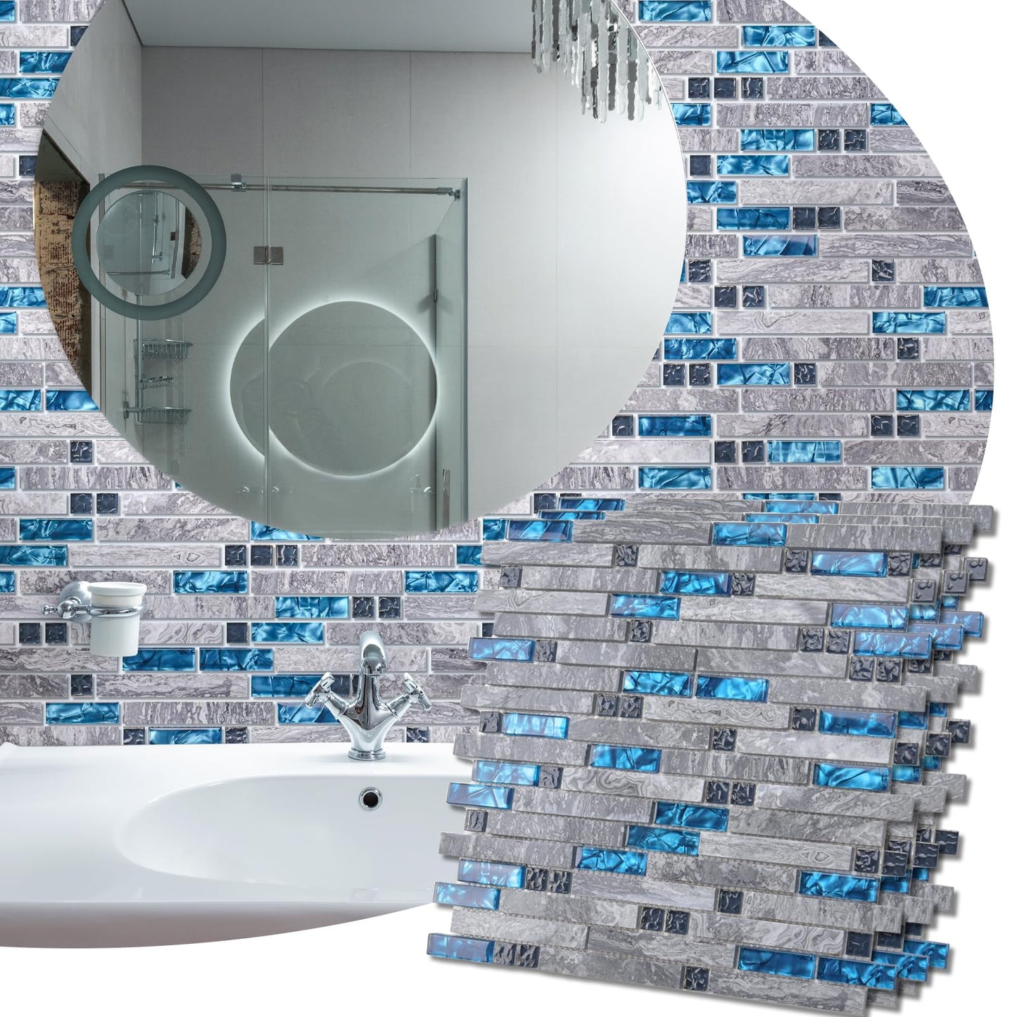 Art3d Grout Decorative Tile, Blue/Gray, Glass, for Kitchen Backsplash or Bathroom Backsplash (5 Pack)