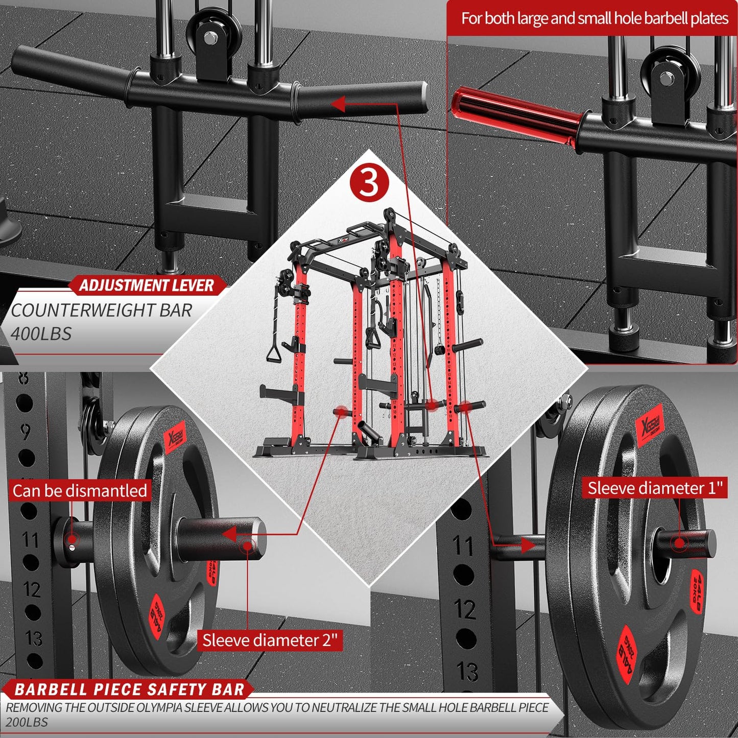 Power Rack Power Cage Multi-Function Squat Rack with Cable Crossover System Selectable More Training Attachment Power Rack for Garage & Home Gym (Red, E Set L02+Weight Bench+（Pole+Cast Iron） 336LBS)