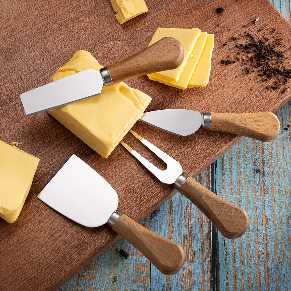 4 Pieces Cheese Knife Set with Wooden Handles Stainless Steel Cheese Knives, Cheese Spreaders, Butter Knife, Mini Serving Tongs, Forks, Charcuterie Board Accessories for Party, Wedding, and Christmas
