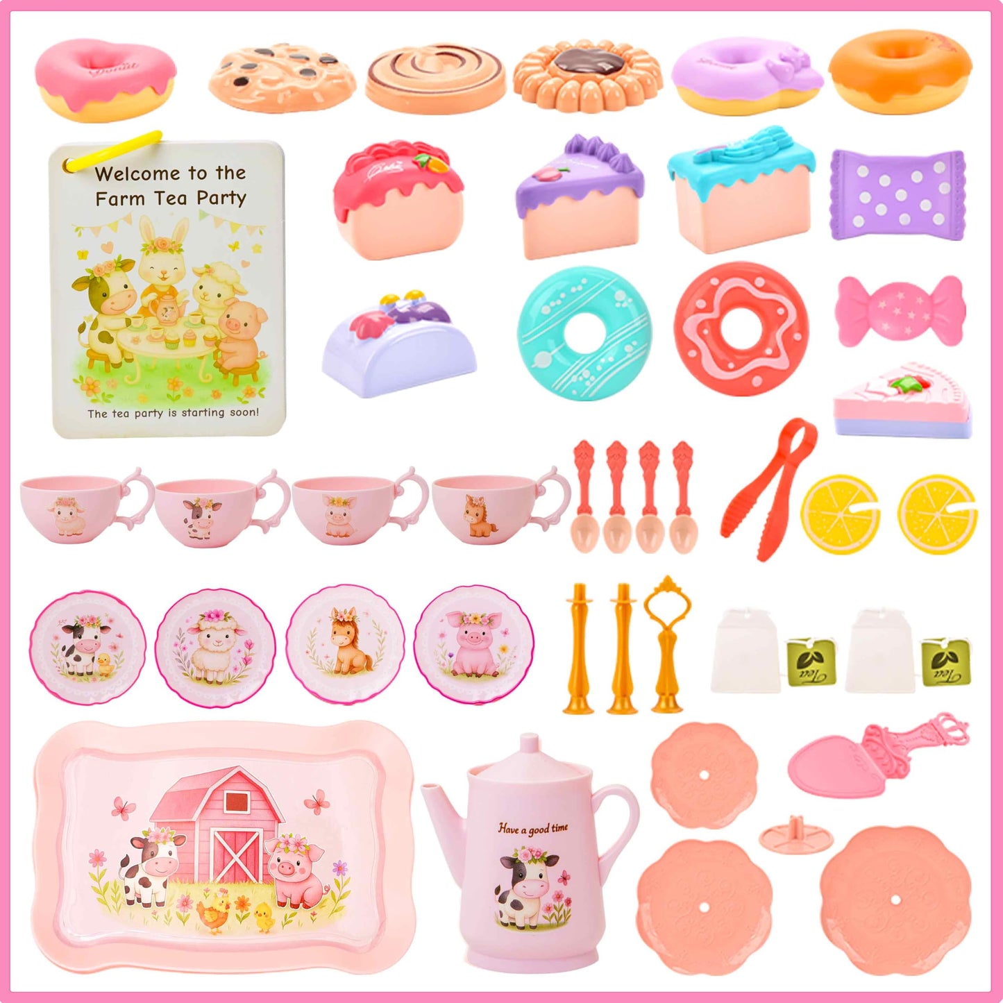 Lajeje Pink Barn Tea Party Set for Little Girls, 47PCS Farm Animal Pretend Play Tea Time Kit, Tea Sets for Toddlers 3-5 with Teapot & Story Cards, Carry Case Girls Birthday Gift, Easter Basket Stuffer