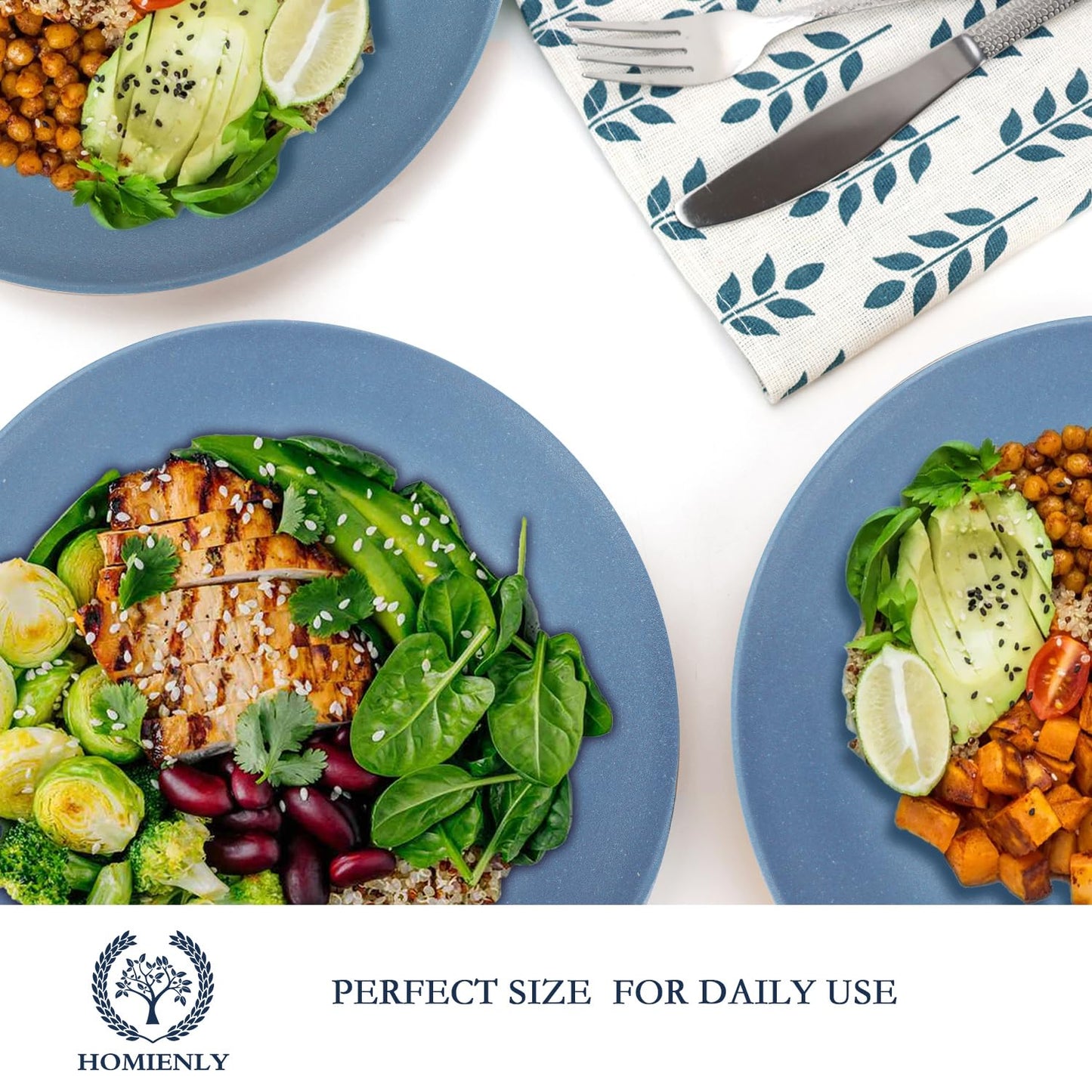 Homienly Flat Dinner Plates Set of 8 Alternative to Plastic Plates Microwave and Dishwasher Safe Wheat Straw Plates for Kitchen Unbreakable Plates for Camping, Salad(Blue, 10 inch)