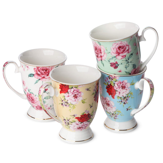 BTaT- Large Coffee Mugs, 12 oz, Set of 4, Floral Mugs for Coffee Cups Set, Porcelain Bone China, Tea Mug,