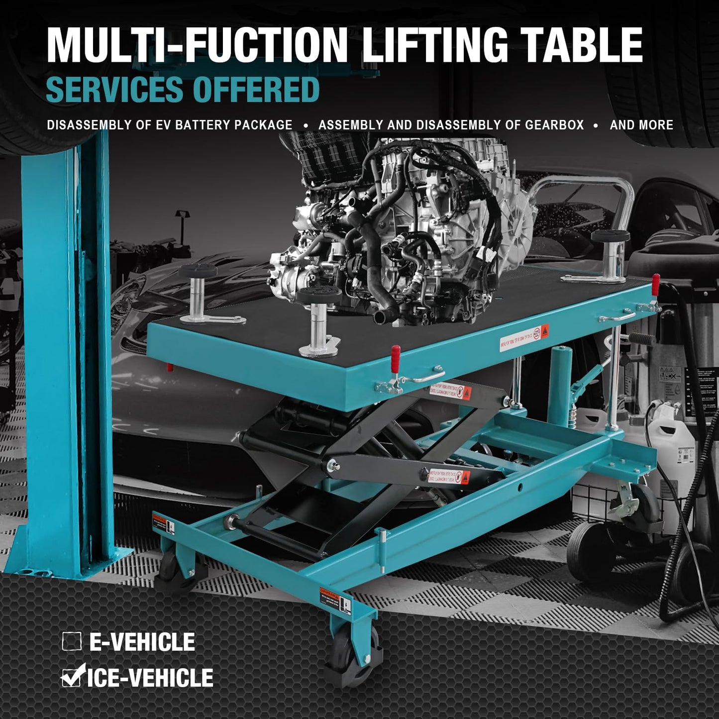 Hydraulic Lift Table Cart, 2,200 lb Capacity, 21.65"–68.9" Lift, 59" x 31.5" Anti-Slip Floating Platform, Insulated Tray, Dual Cylinder, PU Brake Casters