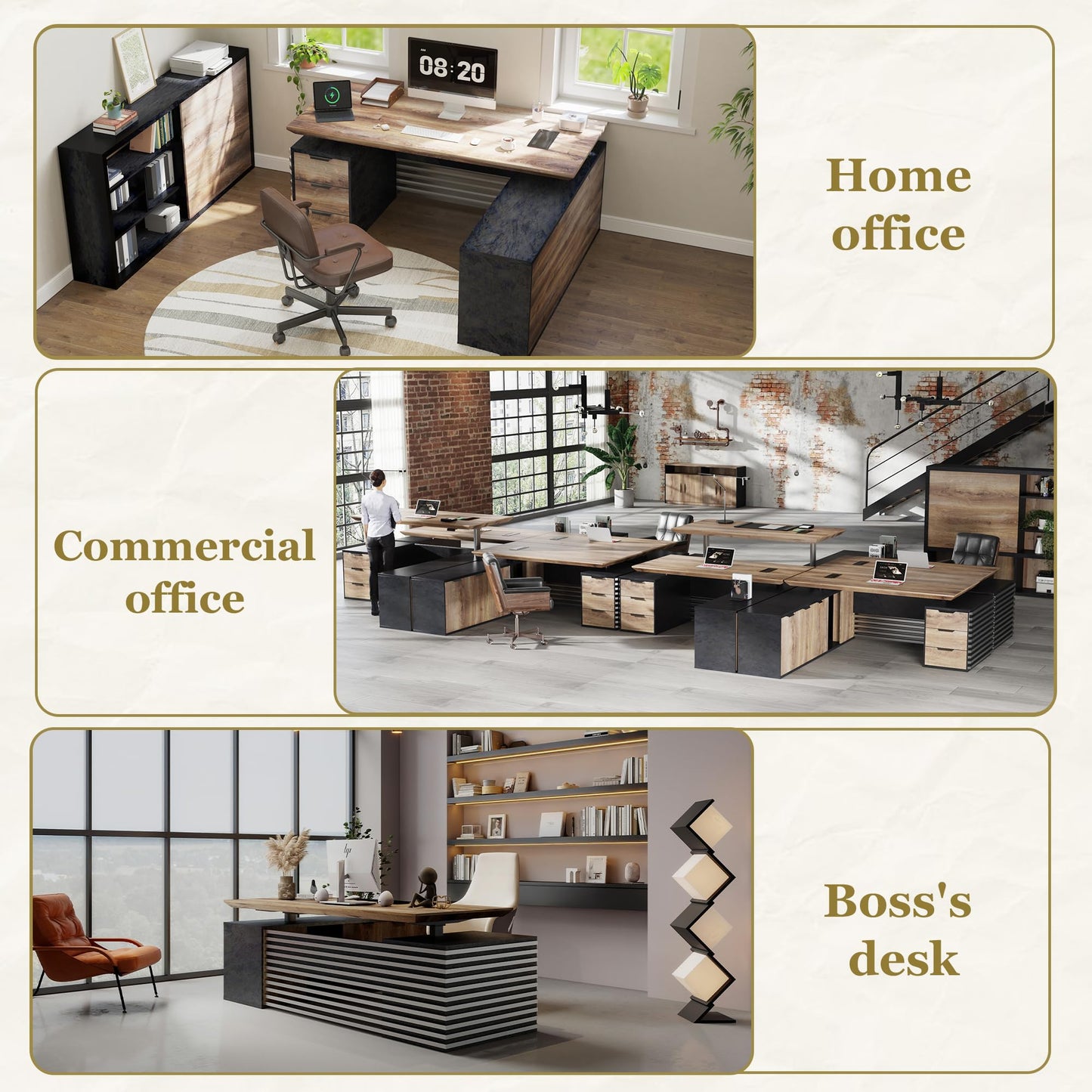 86.61IN Adjustable Heigh L Shaped Executive Desk w/7Cabinet Storage, Modern Computer Standing Home Office Desk w/Universal Charging Ports, Large Writing Table Business Furniture Workstation