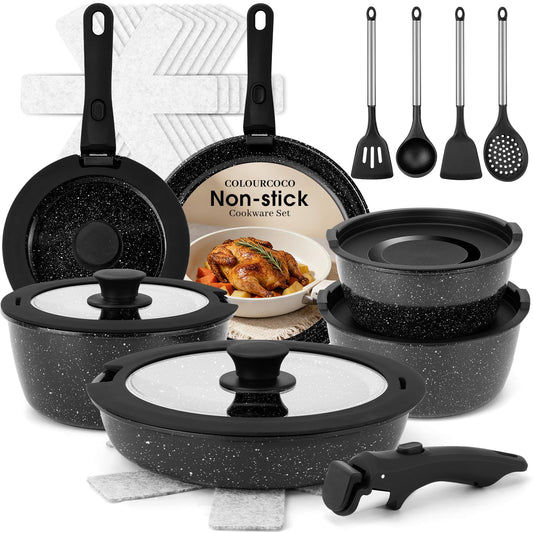 Colourcoco Pots and Pans Set - Non Stick 25 Pieces Cookware Set Pots and Pans with Detachable Handles, Includes Pans, Pots, Utensils, Trivets for Hot Dishes, Lids, Space-Saving Cookware