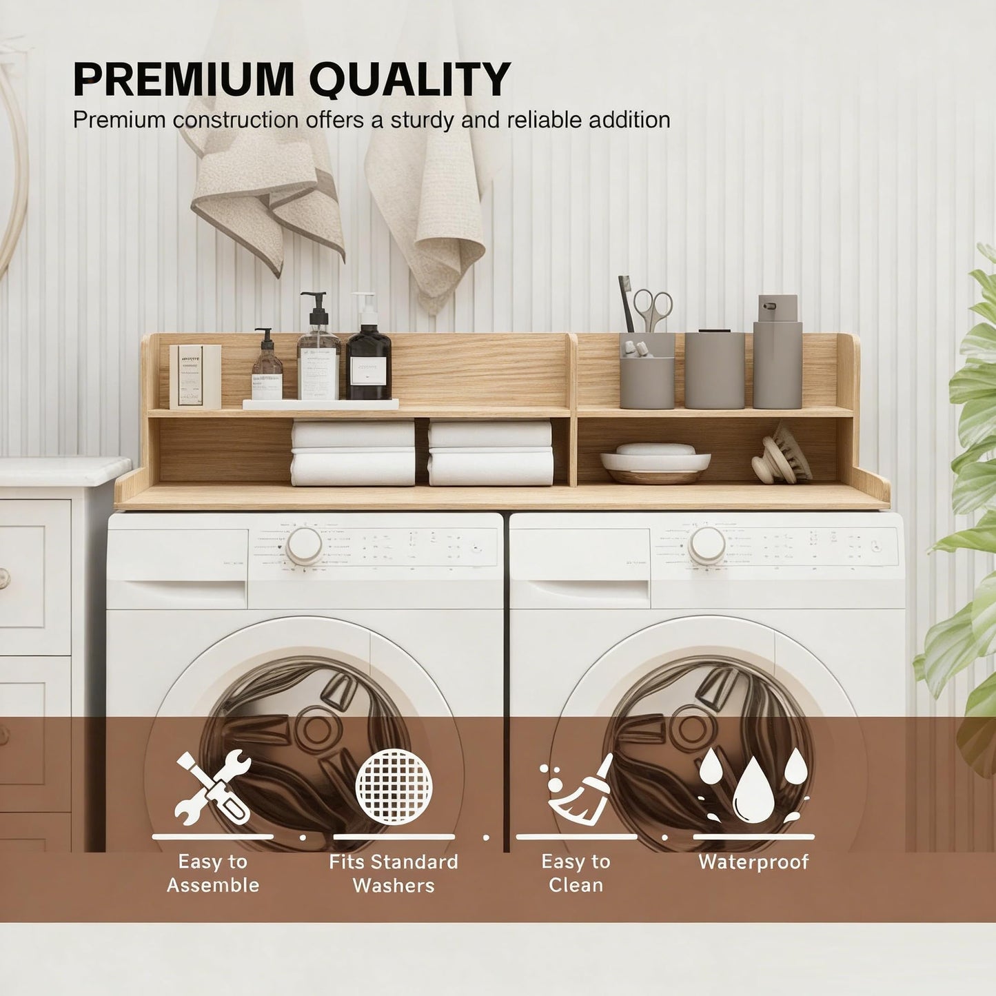 Desility Washer and Dryer Countertop, 54.7" W X 28.3" D Wooden Laundry Countertop with Adjustable Shelves, 2 Tier Washer and Dryer Topper for Laundry Room Organization, Natural