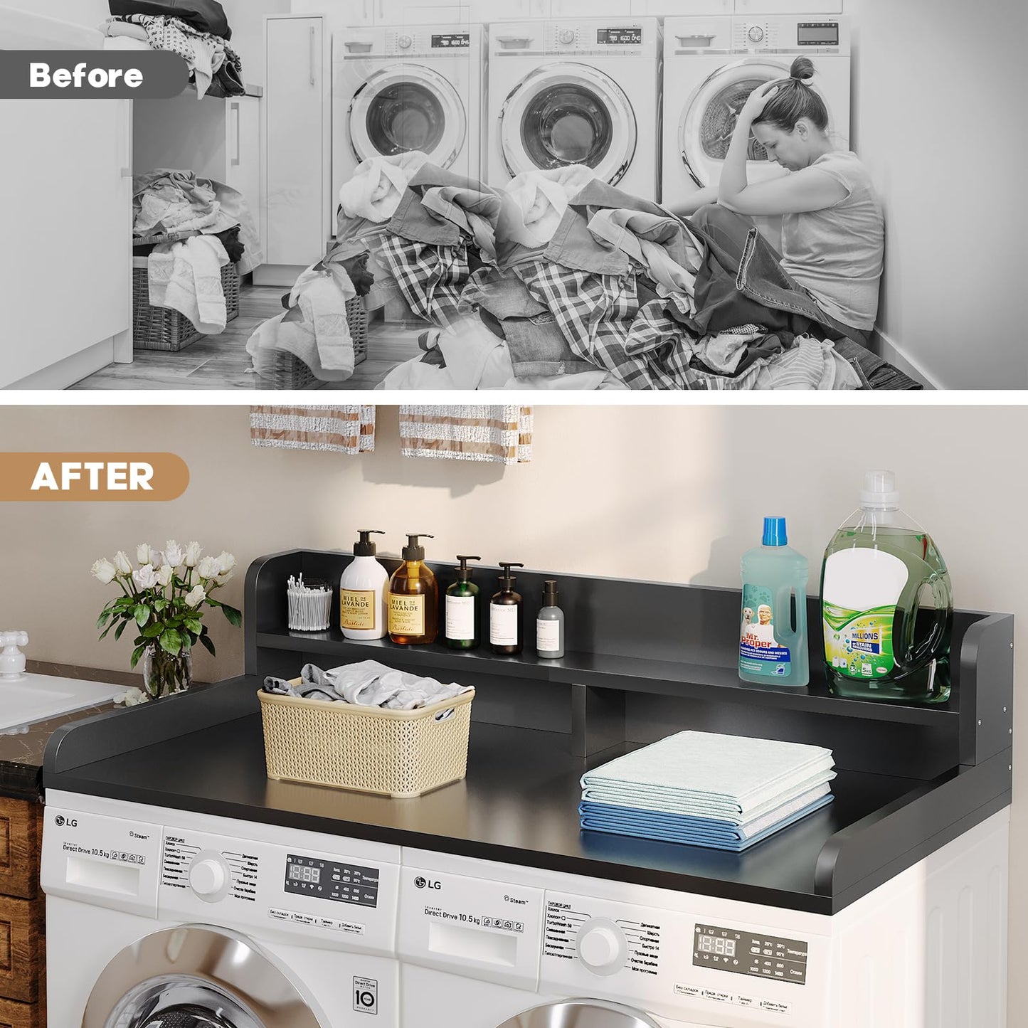 Corbyles 2-Tier Washer Dryer Countertop with 2.75" H Edge Rails, 58" W x 28" D Laundry Countertop for Folding Clothes, Washer and Dryer Topper with Non-Slip Pad (Black)