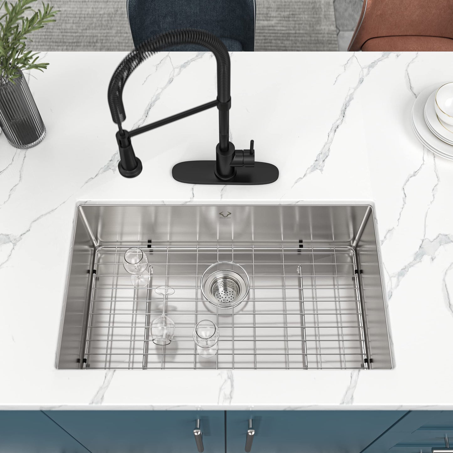 Kitchen Sink 30x18 Inch Undermount Sink Stainless Steel 16 Gauge Single Bowl Kitchen Sinks Set (5 Item Bundle: Sink, Bottom Grid, Drain Assembly, Drain Cap, Towel)