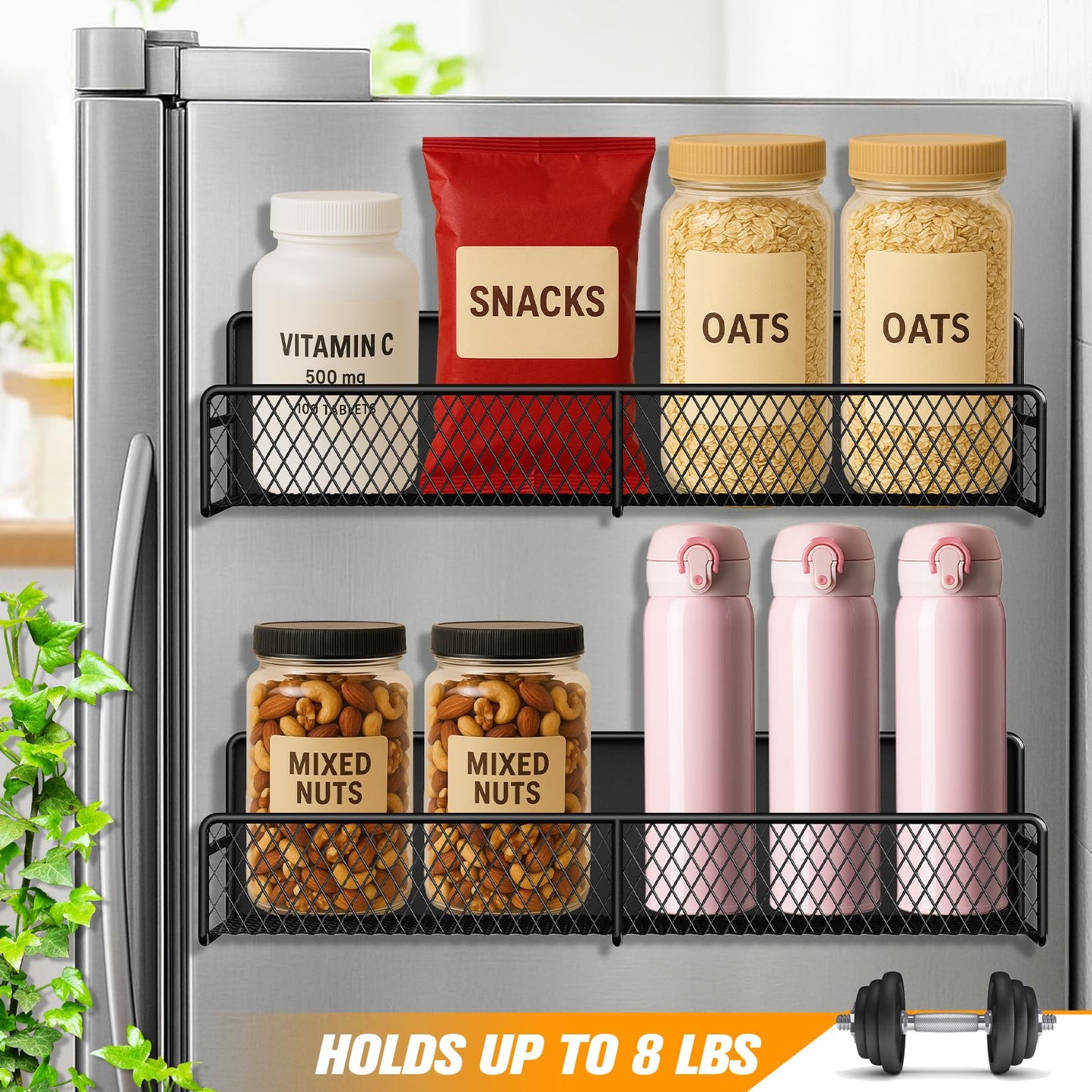 FITIMOR Magnetic Spice Rack for Refrigerator, 2 Pack Magnetic Shelf for Fridge with 4 Hooks, Black Magnetic Shelves, Organization and Storage Kitchen, Magnet Shelf for Fridge, Cabinet Organization