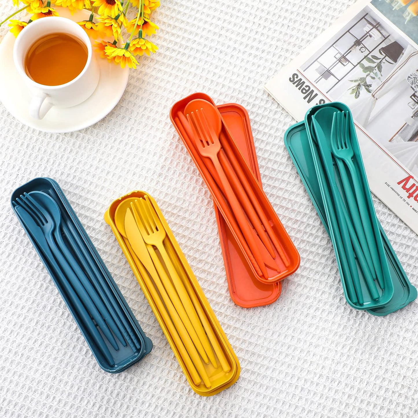 12 Sets Reusable Travel Utensils Set with Case (Knife, Fork, Spoon, Chopsticks), Wheat Straw Portable Plastic Camping Cutlery, Lunch Tableware for Kids Adults Daily Use, Gifts for Office Christmas