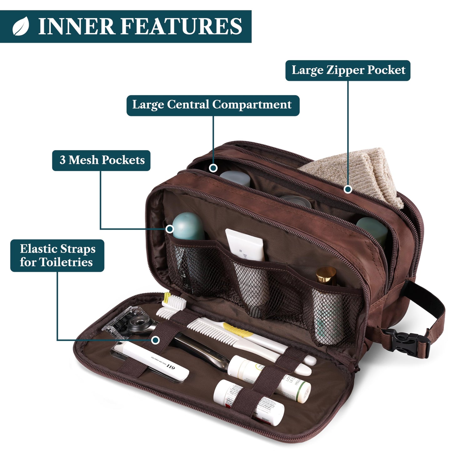 PAVILIA Toiletry Bag for Men, Travel Toiletries Bag | Water-resistant Dopp Kit, PU Leather Shaving Pouch Organizer for Accessories, Cosmetic, Hygiene, Grooming Essentials (Dark Brown)