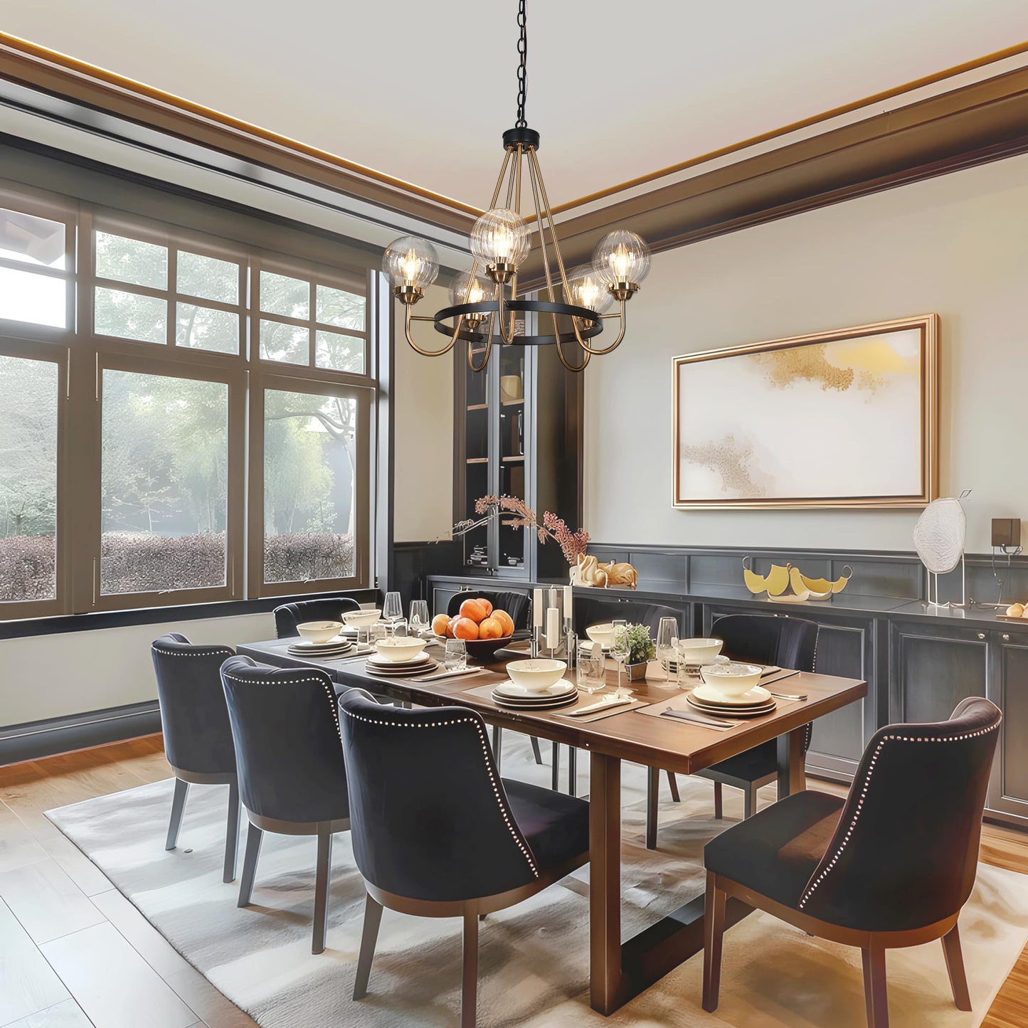 KSANA Black Gold Chandelier, Modern 5-Light Dining Room Light Fixture with Ribbed Glass Globes, Black and Brass Wagon Wheel Chandelier for Kitchen Island and Living Room
