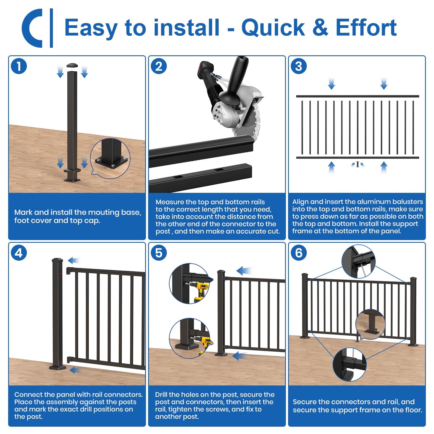 CKE 36 in. H x 6 ft. W Porch and Deck Railing Kit with Post, Aluminum Railing Kit, AAMA 2604 Black Textured Powder-Coat Finish Railing System for Outdoor Decks, Porches & Balconies(1 Post, 1 Panel)