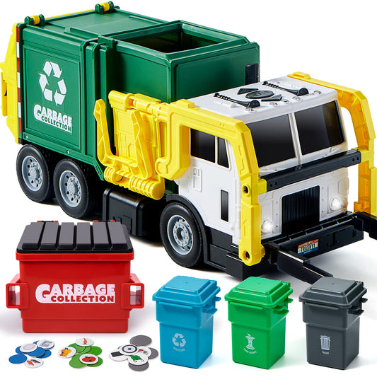 JOYIN Large Friction Powered Garbage Truck Toy Set, Includes 1 Dumpster, 3 Trash Bins, and 30 Learning Cards for Kids, Boy Toys Birthday Gift, Green
