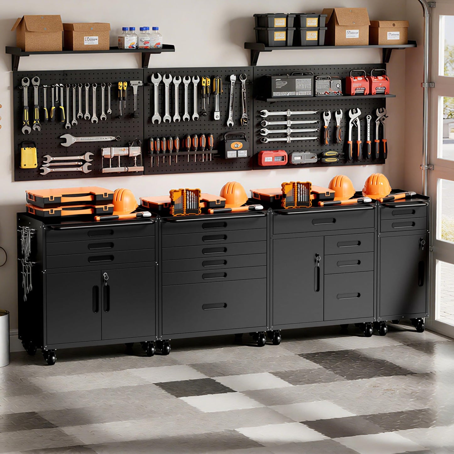 VIYET Garage Storage Cabinet,Metal Rolling Tool Cabinet with 2 Pegboard and 10 Hook,Heavy Duty Mechanics Tool Chest Storage for Workshop, Basement,Warehouse,Include Workbench Liner,Black