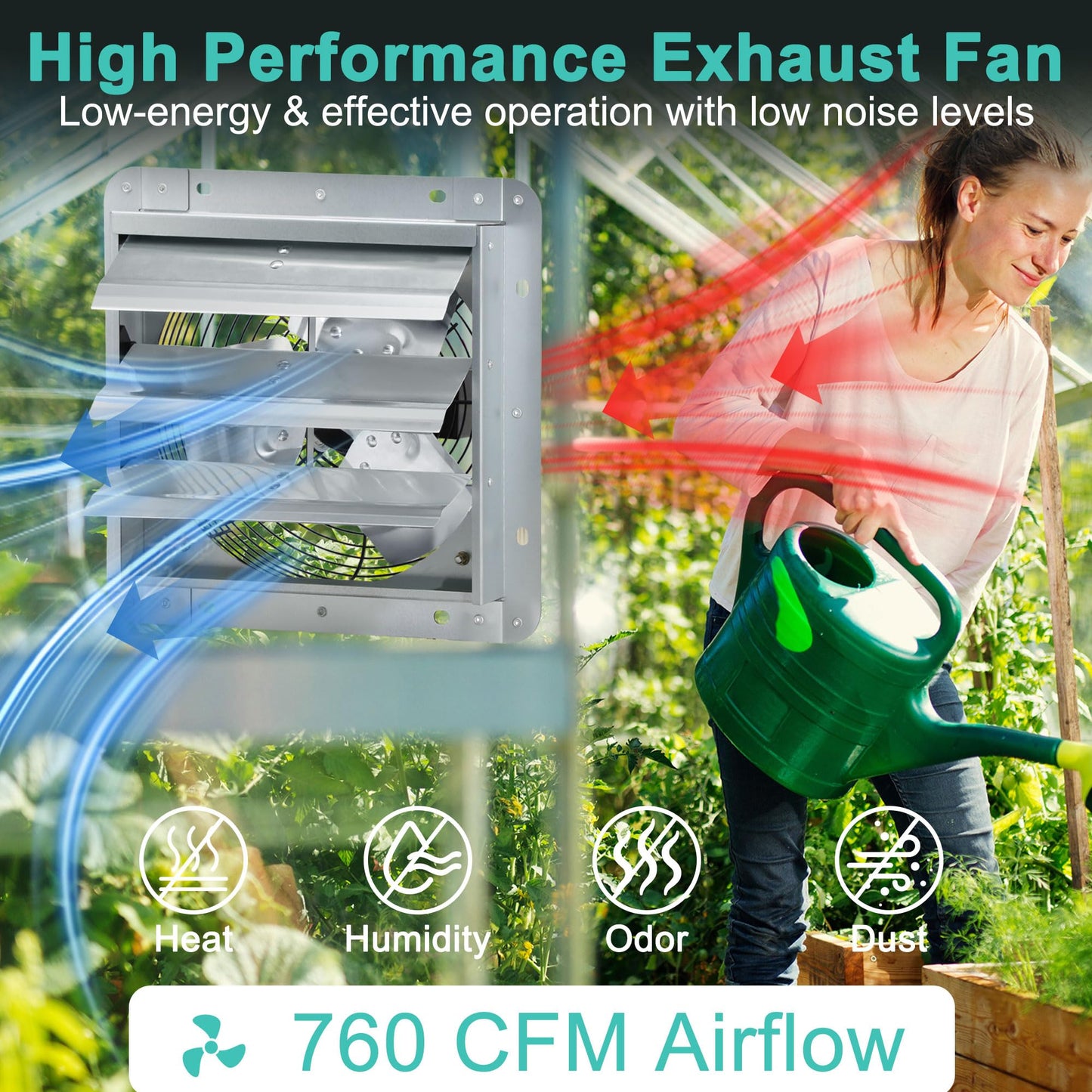 Hipoilk 7 Inch Shutter Exhaust Fan with Speed Controller and Power Cord, Wall Mount Attic Fan for Greenhouses, Sheds, Garages, Chicken Coops, Barns Ventilation, 760 CFM