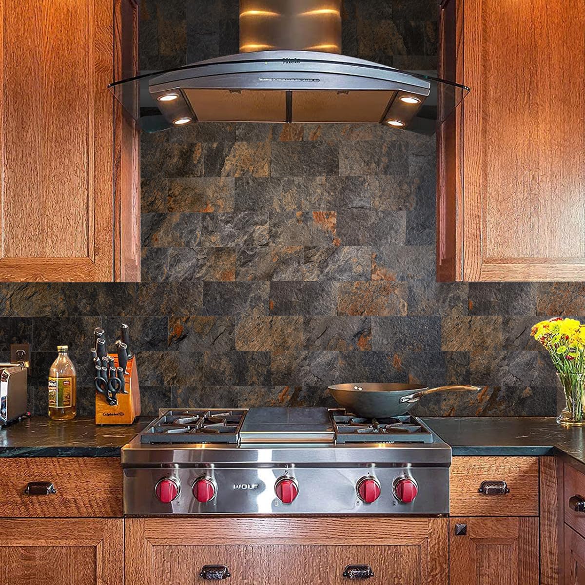 AULIGET 100 Piece Rust Slate Peel and Stick Backsplash Wall Tiles, 3" x 6" PVC Faux Stone Stick on Tiles for Backsplash Kitchen, Bathroom, Laundry Room, Camper, Fireplace