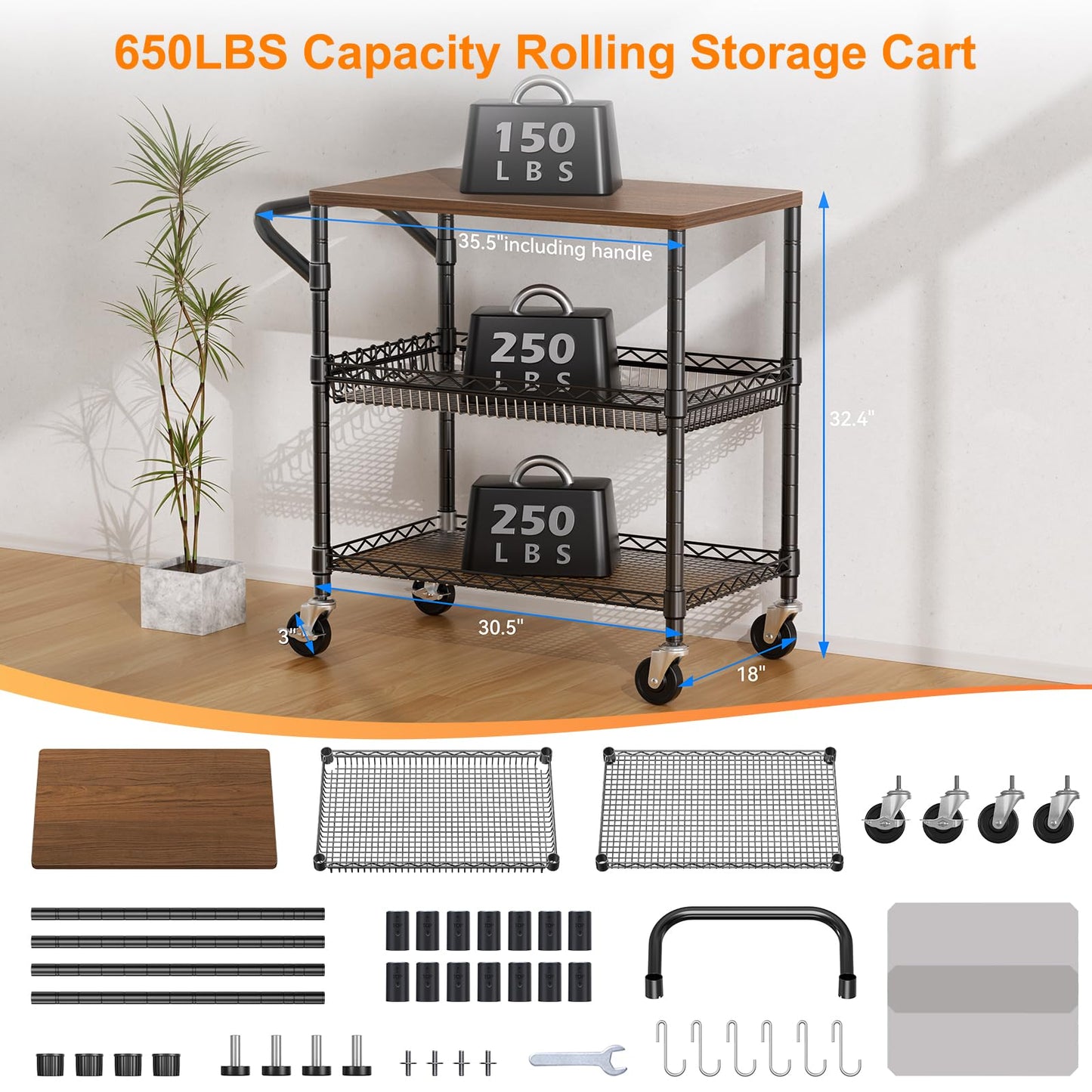 NTE Rolling Kitchen Carts on Wheels, 650Lbs Capacity 3 Tier Utility Cart with Wood Tabletop, Kitchen Storage Cart with 8 Hooks, Metal Serving Cart with Handle and Shelf Liners for Kitchen, Black