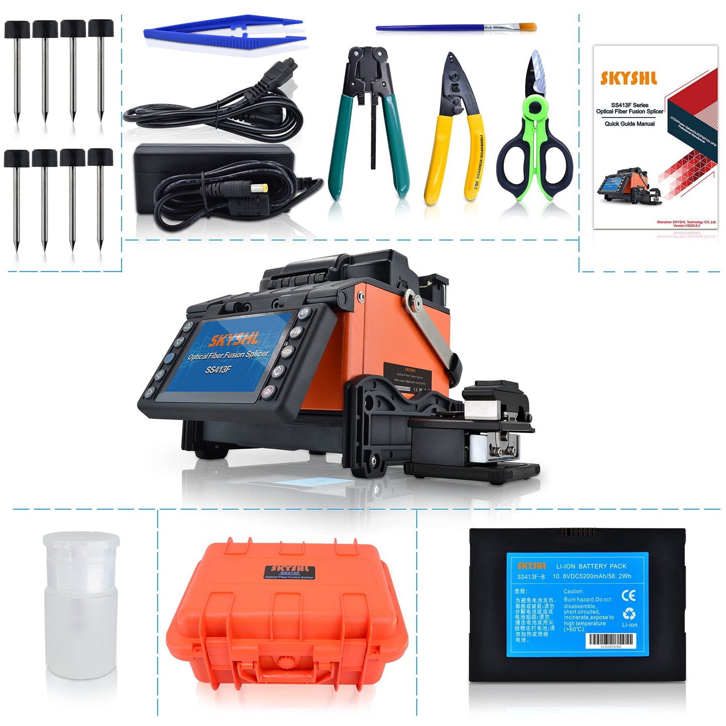 SKYSHL Fusion Splicer With 8PCS Electrodes Fiber Cleaver Tool Kit Automatic Focus SM MM DS NZDS Core Alignment Optical Fiber Splicing Welding Machine (SS413F-411)
