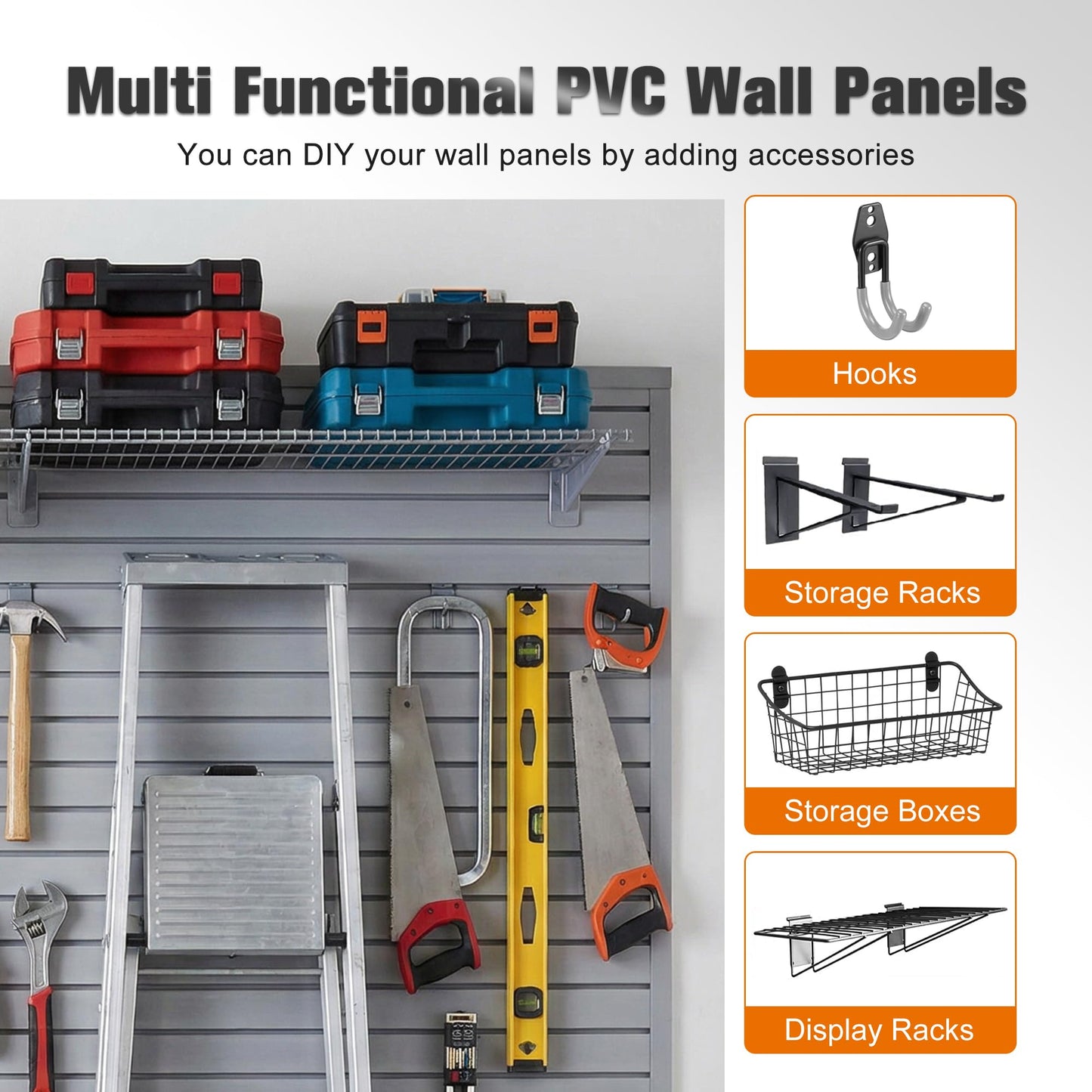 RocVanc Slatwall 4x4t FT PVC Slat Wall Panels, Interlocking Garage Slat Wall Panels Easy to Install, Heavy Duty Slat Wall for Tools Storage & Display
