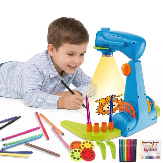 Drawing Projector Sketcher, Preschool Art Tracing Kit for Kids – Play-Based Learning Toy for Boys and Girls Ages 3+ with 4 Sturdy Discs, 32 Animal and Fruit Images, 12 Color Pen & 1 Pad of Paper