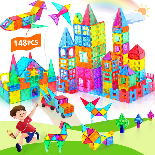 Kids Magnet Toys Magnetic Tiles, 148PCS 3D Magnetic Building Blocks STEM Learning Toys Magnetic Toys for 3 4 5 6 7 Years Old Boys Girls Gifts with 2 Cars
