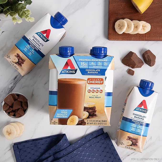 Atkins Chocolate Banana Protein Shake, 15g Protein, Low Glycemic, 4g Net Carb, 2g Sugar, Keto Friendly, 12 Count