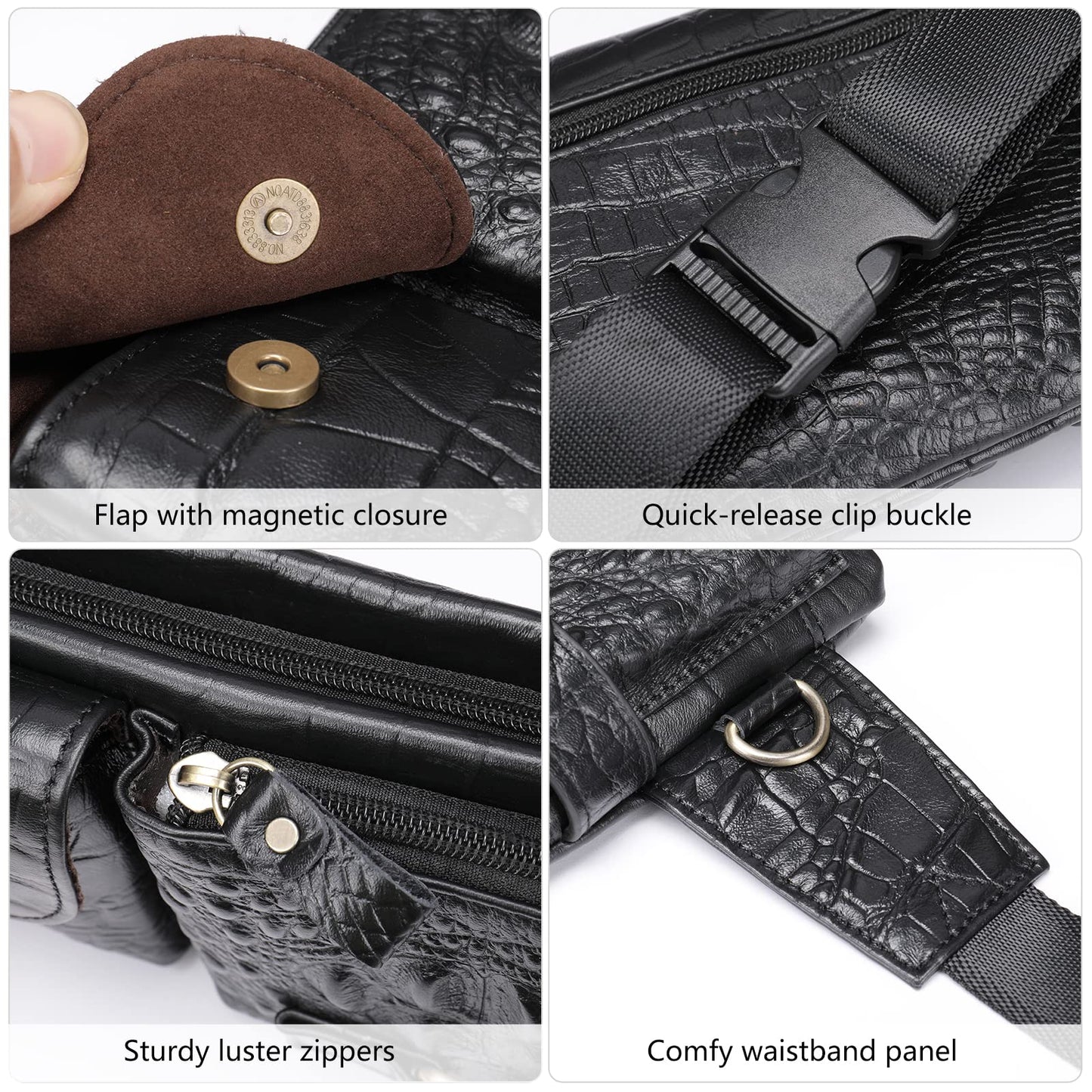 Mens Fanny Pack, Rugged Genuine Leather Waist Bags for Men Bumbag Waist Pack for Hands-free Crocodile Black