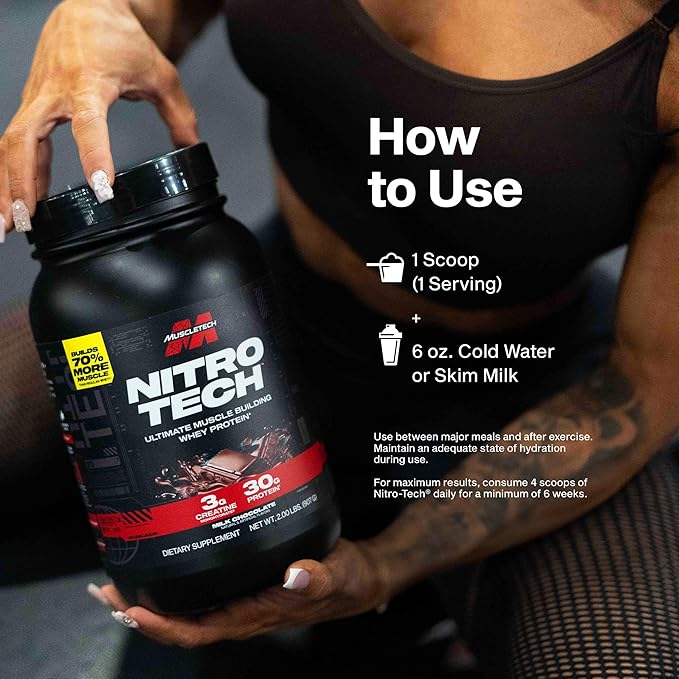 Muscletech Whey Protein Powder (Milk Chocolate, 4 Pound) - Nitro-Tech Ultimate Muscle Building Formula with Whey Protein Isolate - 30g of Protein, 3g of Creatine & 6.8g of BCAA - Packaging May Vary