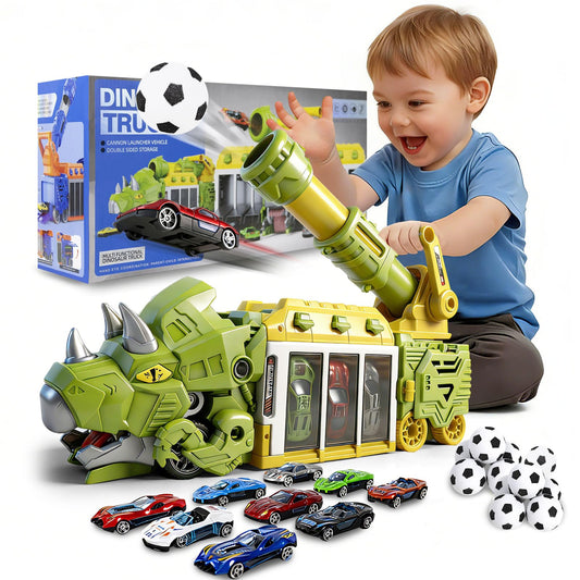 BYFWH Dinosaur Truck Toy Cars for Kids 3-8, Foldable Triceratops Car Toys with Storage Bay, Eejection & Shooting Dino Trucks Boy Toy with 12 Foam Ball, 10 Mini Cars, Best Gift for Kid 3 4 5 6 7 8 9