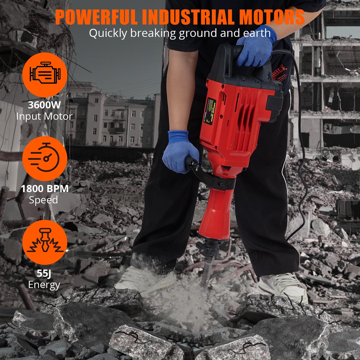 GAOMON 3600W Demolition Electric Jack Hammer with 2pcs Chisels Bit Set, Concrete Breaker Tool Kit Heavy Duty Power Hammer