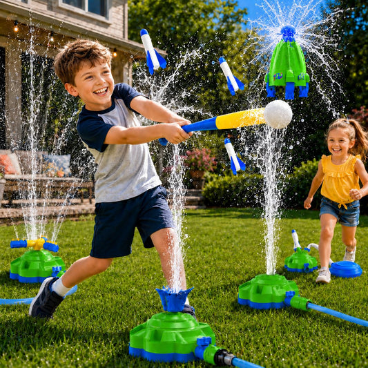 JKJRJJ 4-in-1 Water Sprinkler Toy for Kids,Backyard Outdoor Water Toys with Water-Spraying Rocket, Baseball Game, Rocket Launcher, Spinning Spray,Summer Yard Water Toys for Boys Girls Ages 4-12