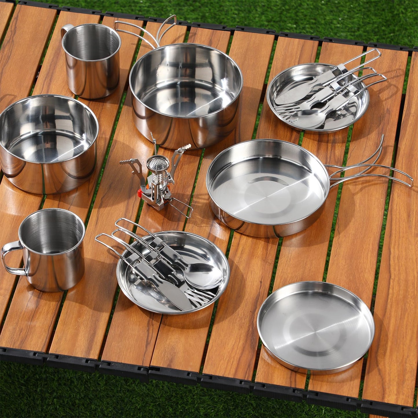 Funnymoom 15 Pcs Camp Cooking Set Stainless Steel Camping Cookware Mess Kit with Pot Pan and Stove 2 Set Stainless Steel Cups Plates Forks Knives Spoons for Camping Backpacking Outdoor Cooking Picnic