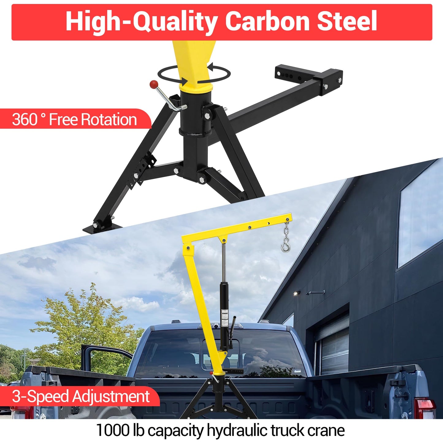 SierraSquad 1100 Lb Electric Truck Crane with 3500 Lb Winch, 360° Swivel Folding Jib Boom, Adjustable Height/Length for Pickup Mounting – Construction, Farming, Industrial Lifting