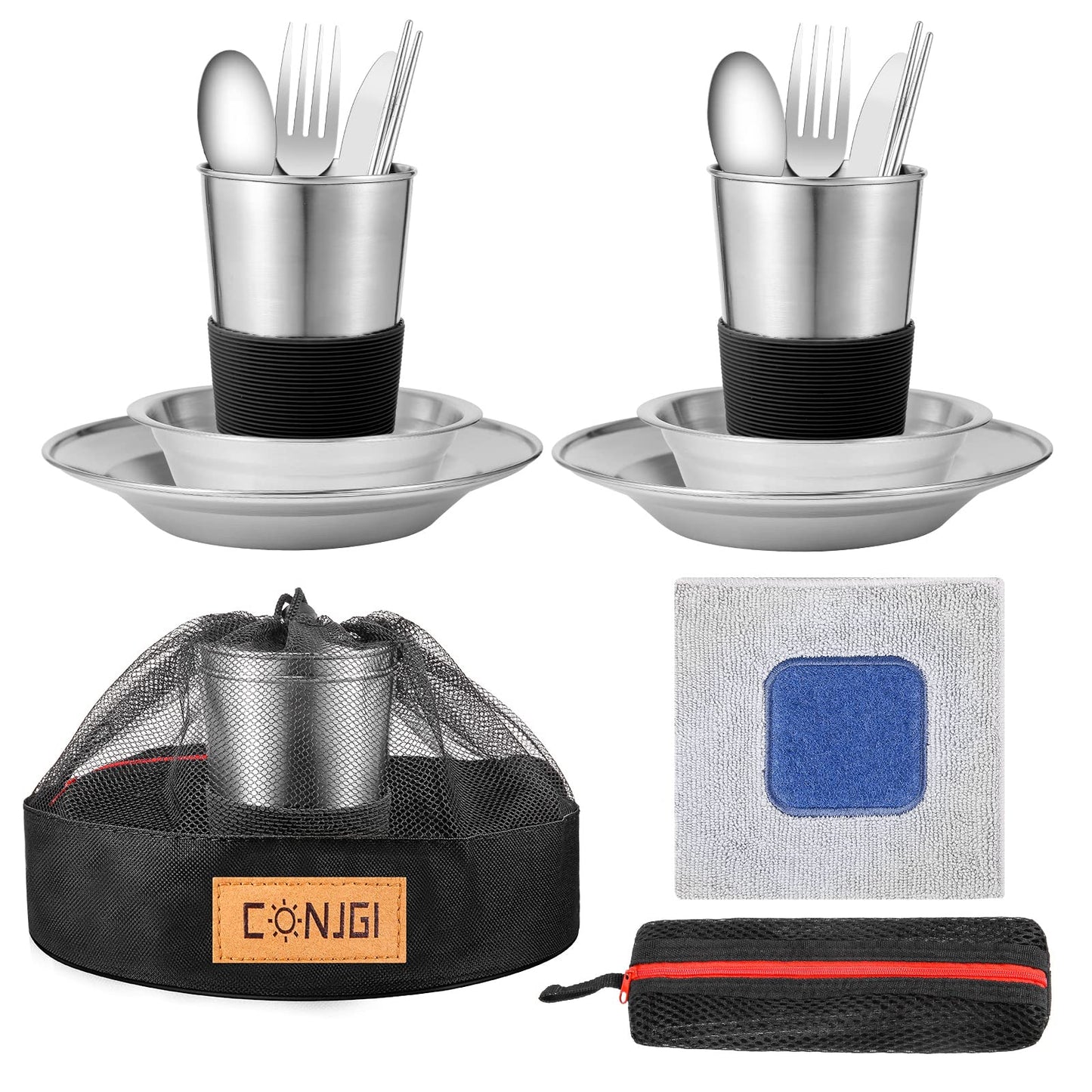 Outdoor Camping Mess Kit - 1 to 2 Persons Camping Dishes Includes Cups, Bowls, Dishes, Knives, Forks, Spoons, Etc, Camping Dinnerware Set with Mesh Bag is Easy to Carry Camping Tableware Set