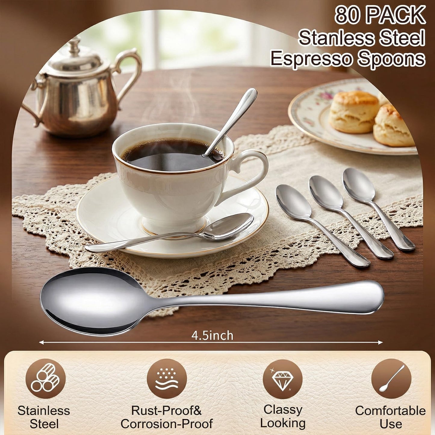 80 Pcs Demitasse Spoons Espresso Spoon Stainless Steel Bulk, 4.33'' Small Mini Coffee Tasting Dessert Spoons for Kitchen, Tea, Appetizer, Cocktail Stirring (Classic Silver Style)