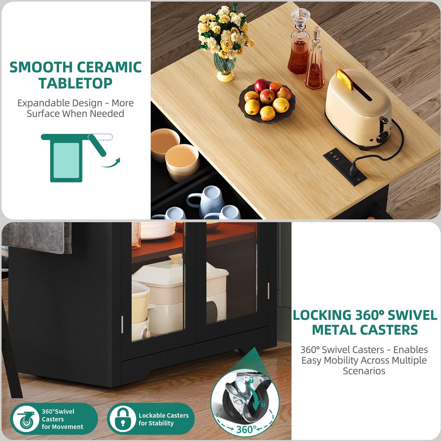 YITAHOME Rolling Kitchen island with Seating and LED Lights, Mobile Storage Islands with Drop Leaf, Dining Table with Power Outlet, 2 Drawers and Soft Stools, Spice/Towel Rack, Lacquered Finish, Black