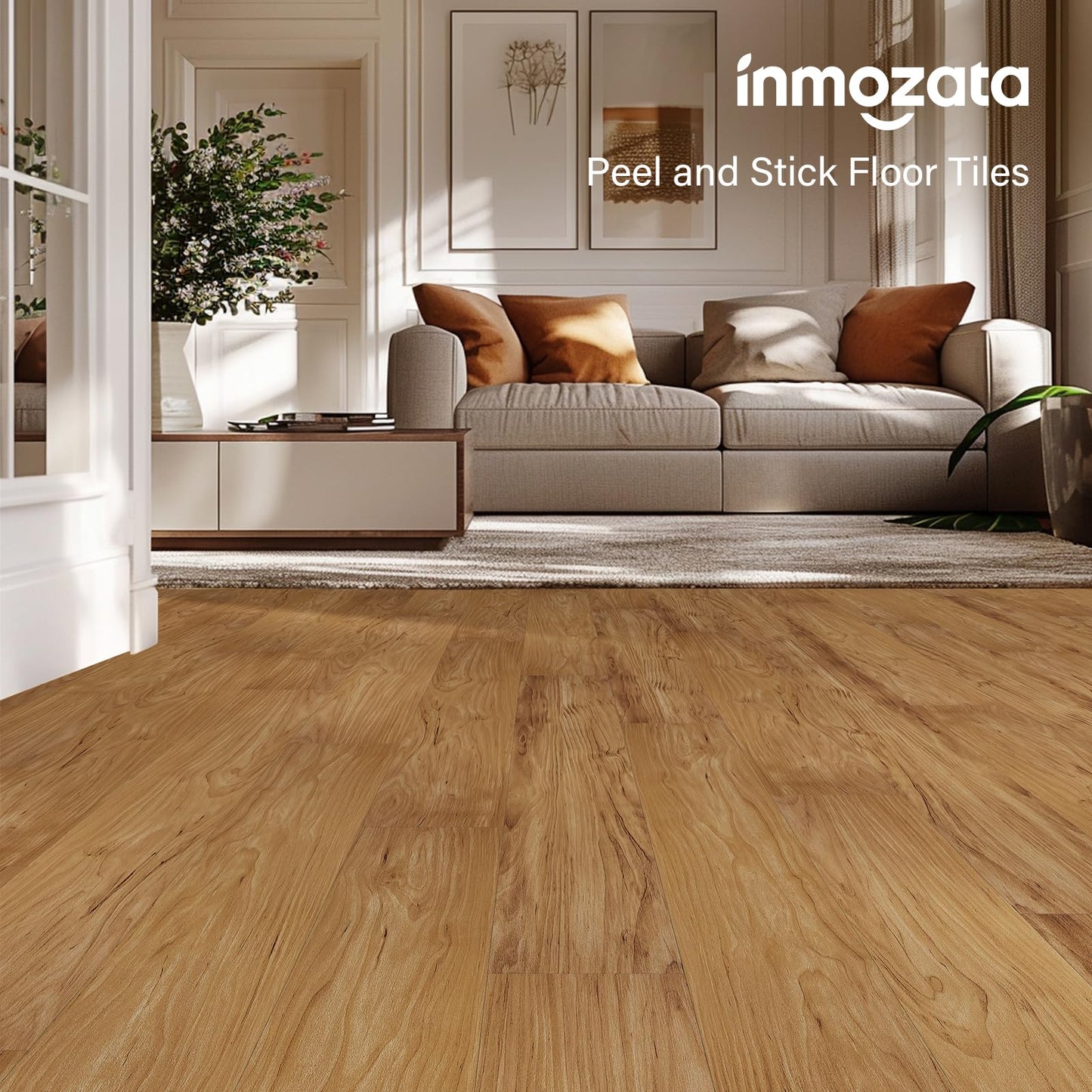 INMOZATA Peel and Stick Floor Tile Vinyl Flooring, Waterproof Vinyl Plank Flooring 36-Pack 54 Sq.Ft Wood Grain Self Adhesive Peel and Stick Flooring for Bedroom, Living Room, Kitchen, RV(Burlywood)