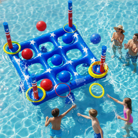 Pool Party Toys Games Set - Giant Inflatable Tic Tac Toe Float Game, Outdoor Pool Games for Adults Kids Family Pool Toys for 2-10 Players, Fun Swimming Beach Yard Activities with 10 Balls for Ages 6+