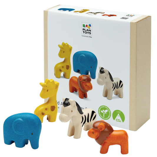 PlanToys® Wild Animals Set Wooden Montessori Imaginative and Creative Play Toy | Language, Social Development and Coordination Activity | Eco Friendly Safari Animal Figurine Set