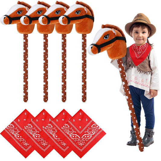Poen 4 Pack Light Brown Horse Stick with Sound Red Bandana Set 27.6'' Toys Stick Horse Western Cowboy Bandana Head with Neighing Sound for Boys Girls Fun Pretend Games Son Daughter(Brown and Red)
