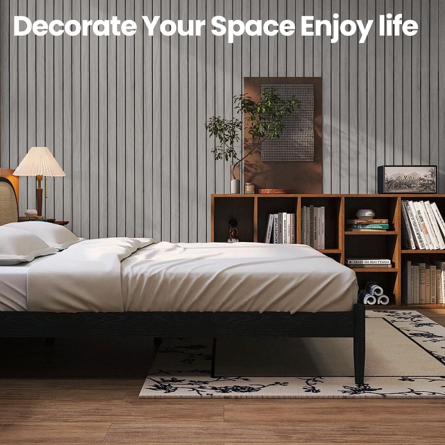 Abyssaly PVC 3D Wood Wall Panels Peel and Stick - 118" x 15.7" Gray Faux Wood Slat Wallpaper - Wooden Grain Look Self-Adhesive Waterproof Paneling - Soundproof Walls Panel for Interior Wall Decor