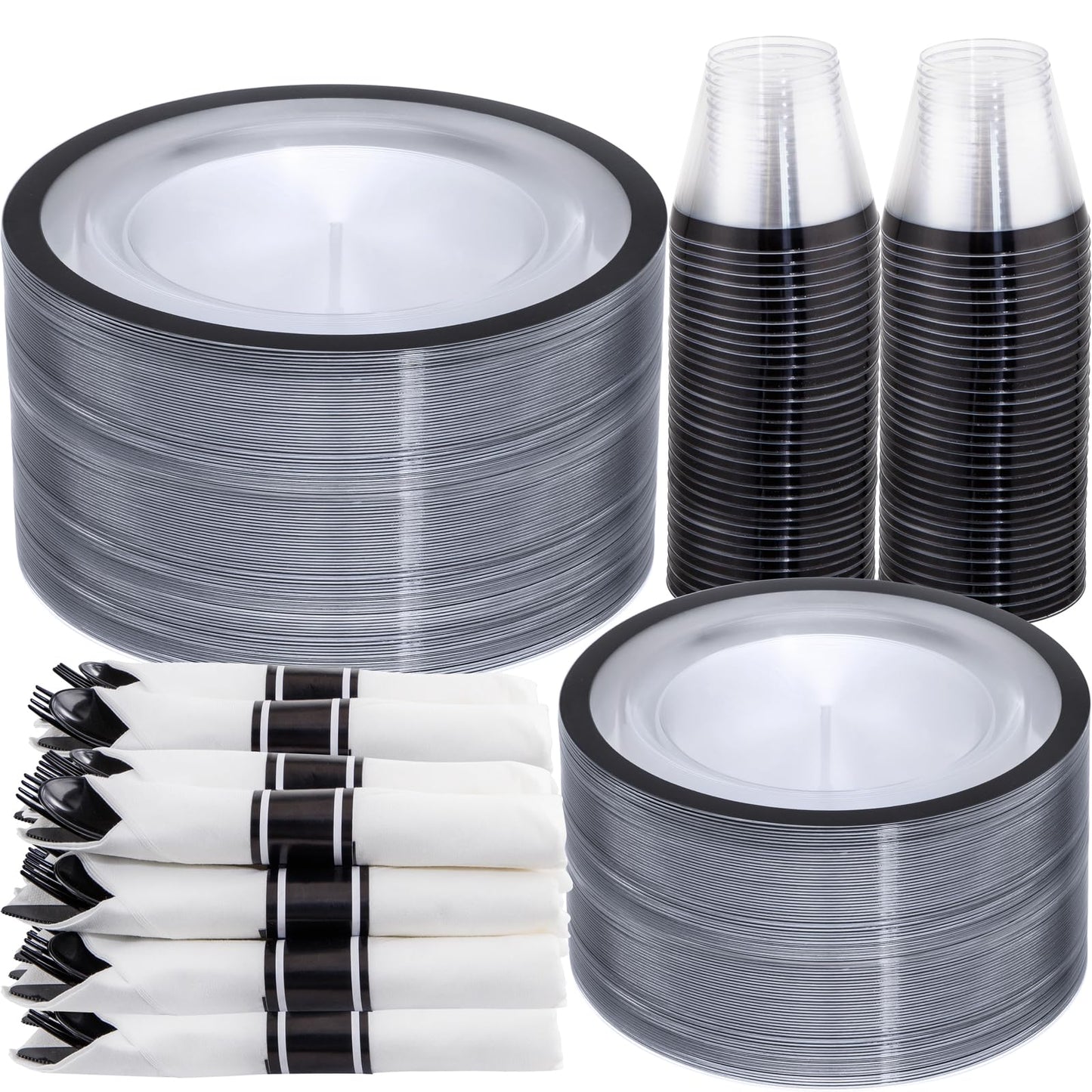I00000 350 Pcs Clear and Black Plastic Plates,Black Dinnerware Set, Include 50 Dinner and 50 Dessert Plates,50 Plastic Cups,50 Pre Rolled Napkins with Cutlery for Graduation,Party