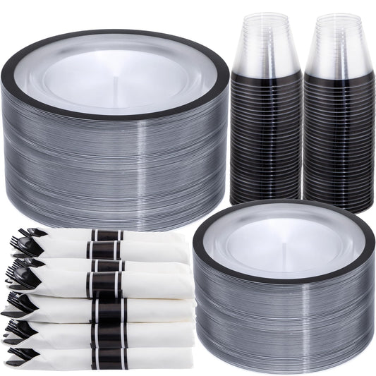 I00000 350 Pcs Clear and Black Plastic Plates,Black Dinnerware Set, Include 50 Dinner and 50 Dessert Plates,50 Plastic Cups,50 Pre Rolled Napkins with Cutlery for Graduation,Party
