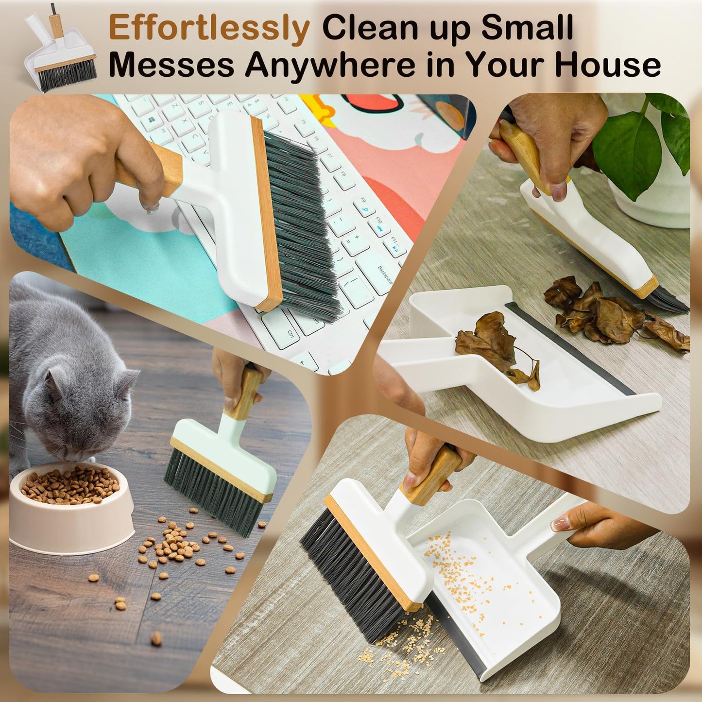 THINKLEARN Mini Dustpan and Brush Set, Portable Broom and Dustpan Combo Set with Bamboo Handle, Handheld Broom Set for Cleaning Desk Drawers Sofas and RV