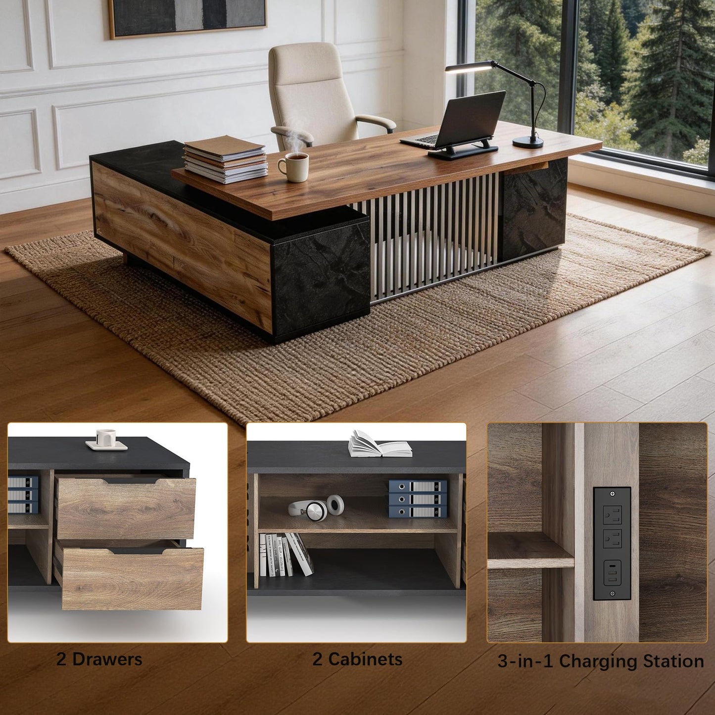 SAINTCY L-Shaped Executive Desk, Industrial Office Desk with Drawer & Cabinet, Large Wood Desktop, Unique Stainless Steel Privacy Screen (Right Return, 70.86")