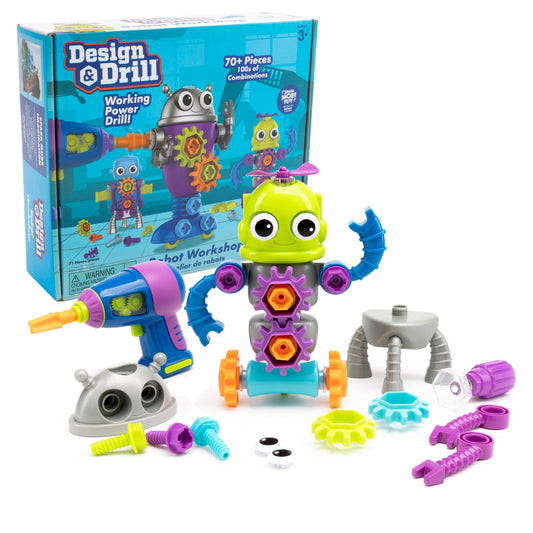 Educational Insights Design & Drill Robot Workshop - Construction Toys & Tools for Kids, Robot Toy Building Sets, Kids' Tool Set with Real Electric Drill Toy, Take Apart STEM Set, Gifts for Ages 3+