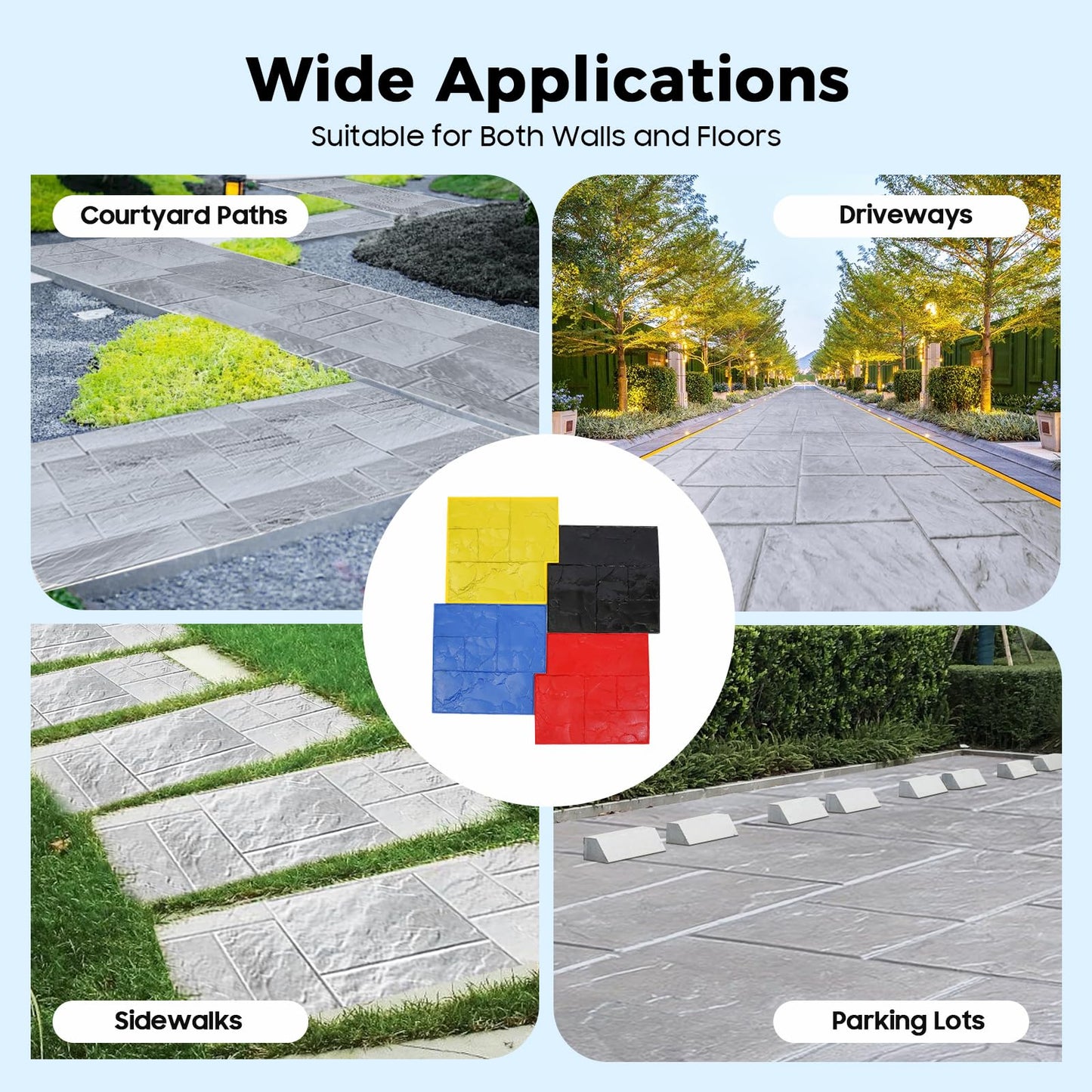 4 PCS Concrete Stamps, 24x24in Concrete Texturing Skin Mats Set with Practical Handles for Courtyard Paths, Driveways, Swimming Pool Platforms