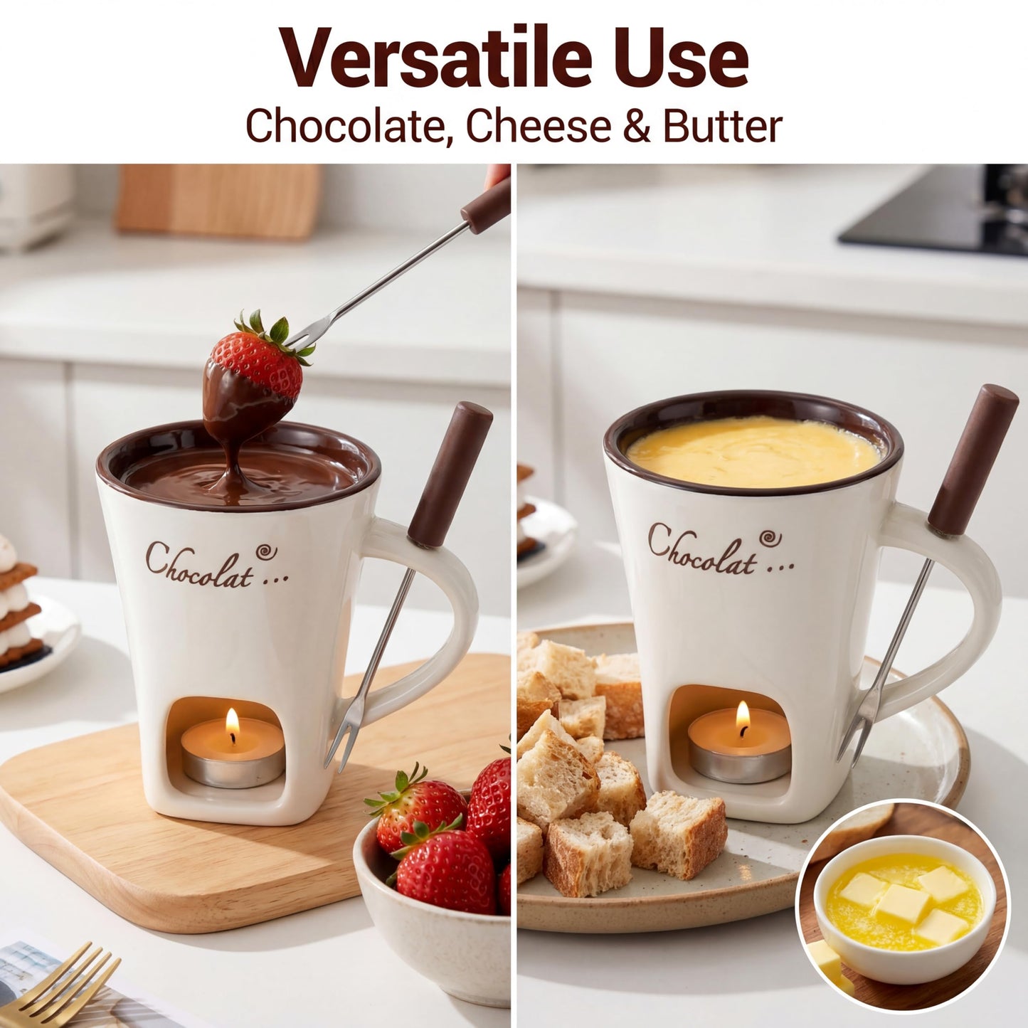 Fondue Mug Set for Chocolate Ceramic Melting Cups Tealight, Mini Fondue Pot Kit with Fork & Candle,Candy warmer, Perfect Gift for Date Nights Valentines Birthday Wedding Gift Dessert lovers (1, White)