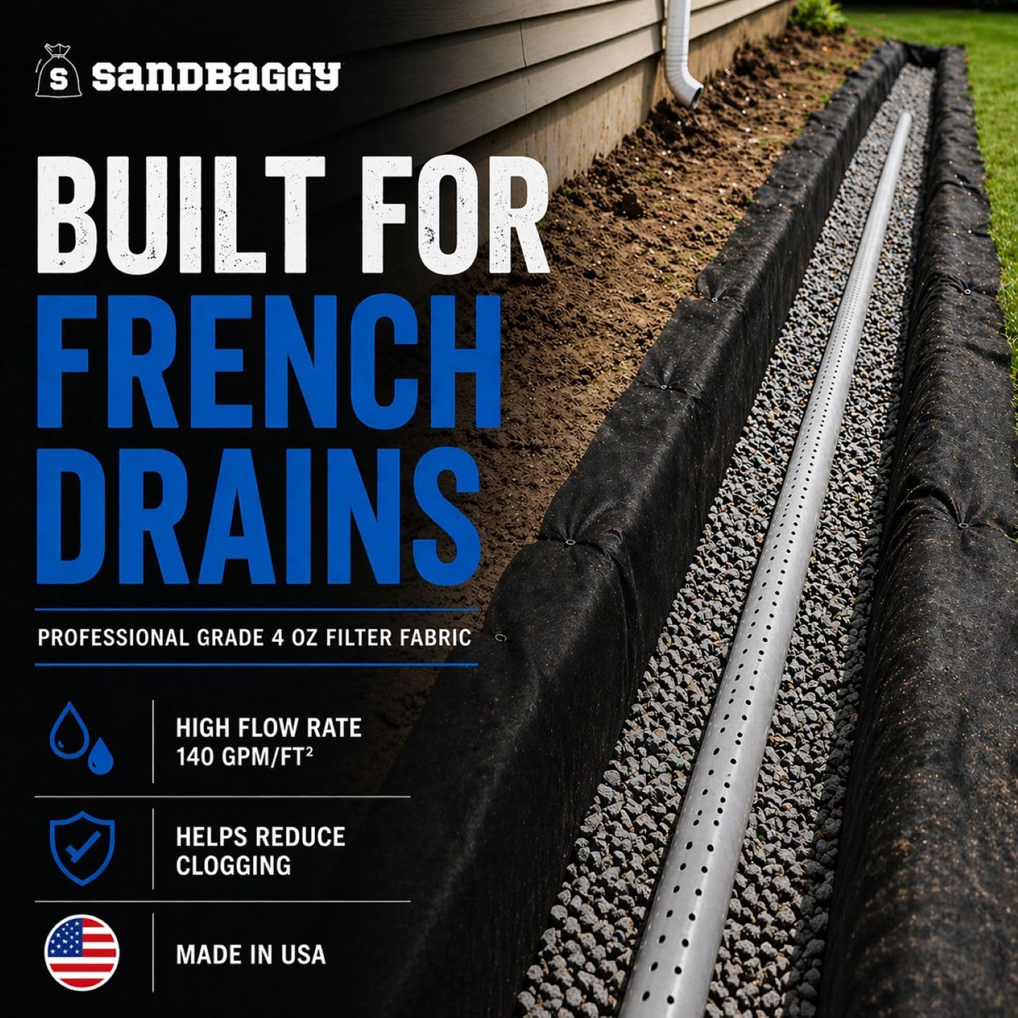 Sandbaggy French Drain Filter Fabric | Non-Woven Geotextile Landscape Fabric (4 oz) – Water Permeable, Porous Drainage Geo Fabric for Clay Soil & Landscaping – USA Made (6 ft x 100 ft Roll)
